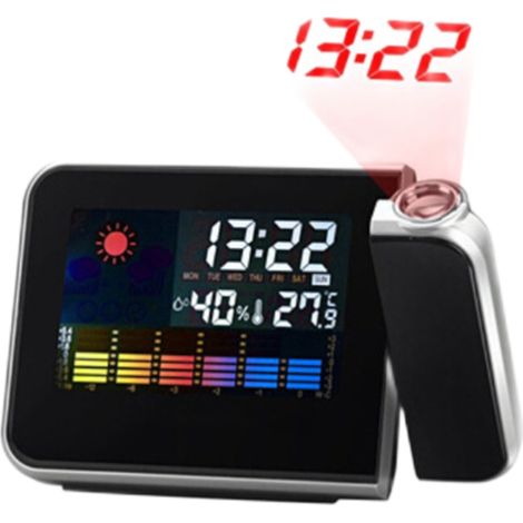 Projektionswecker, 180 Grad verstellbarer digitaler Projektorwecker mit Wetterstation, Temperatur-, Luftfeuchtigkeits- und Farbanzeige sowie LED-Uhr mit ewigem Kalender