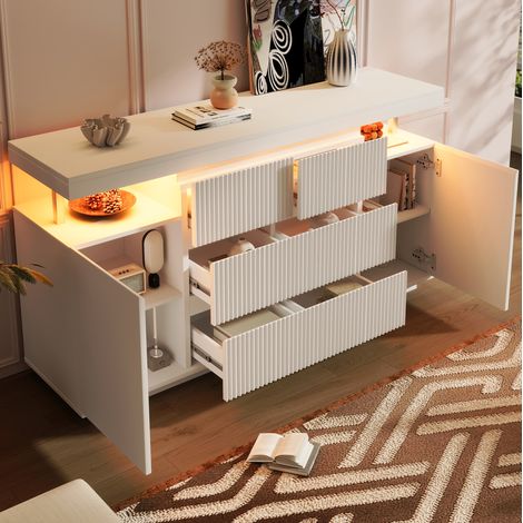MEUBLIV Buffet LED 150x40x78 cm blanc – 6 tiroirs et 2 portes, design suspendu (1/5)