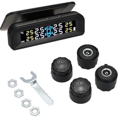 Système de surveillance de la pression des pneus, sans fil, en temps réel, à énergie solaire, avec écran LCD, 4 capteurs externes et alarme. (1/5)