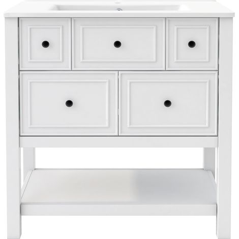 Weißer Badschrank 76 x 46,5 x 82 cm mit Keramikwaschbecken, 5 Schubladen und offenen Fächern (1/5)