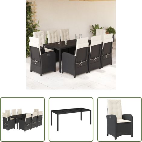 vidaXL Gartenessgruppe - 9-tlg. Garten-Essgruppe mit Kissen Schwarz Poly Rattan (1/5)