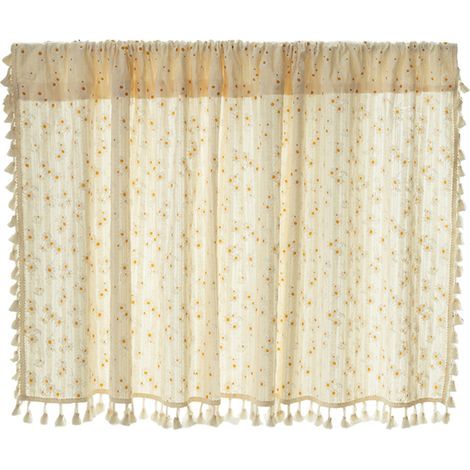 Cortinas de algodón con estampado de margaritas y pompones — Cortinas cortas para ventanales (132 x 160 cm) (1/5)