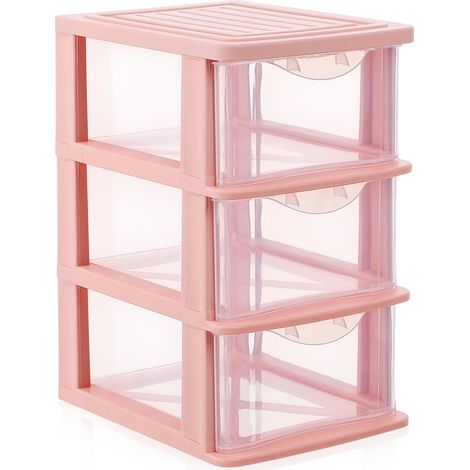 Organiseur de bureau transparent en plastique avec 3 tiroirs - Rose (1/5)