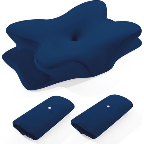 Lot de 2 housses de coussin en velours pour coussin de nuque - Housse douce et élastique pour coussin cervical ergonomique - Flanelle moelleuse avec fermeture éclair - Housse uniquement - Bleu (1/5)