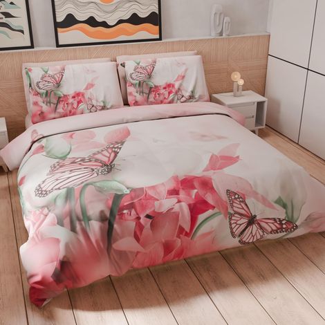 Housse de Couette 1 Place 150x200 cm 1 Taie 50x80 cm Incluse, Parure en Microfibre Imprimée Roses Papillons (1/5)