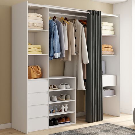 XXL MERYL 120/180 cm blanco armario doble extraíble con cajones + estantes + espacio para colgar + cortina gris