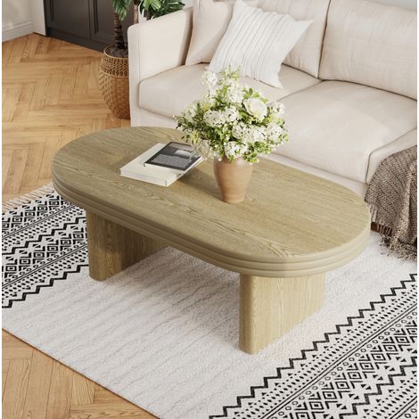 Table basse ovale 120x60x41.5 cm naturel en MDF et placage bois massif avec design moderne et structure robuste (1/5)