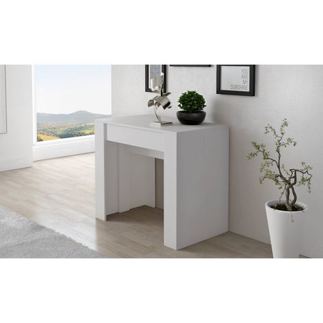 Dmora Mesa de comedor moderna, Consola extensible hasta 10 plazas, Medidas 90 x 51 x 77 cm (hasta 237 con extensiones), Color blanco, con embalaje reforzado (1/5)