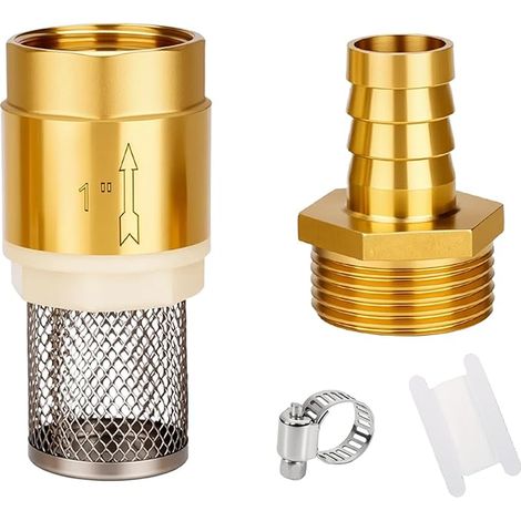 Clapet anti-retour en laiton 1", filtre d'aspiration, valve à pied en laiton avec clapet anti-retour, panier d'aspiration, raccord de tuyau et collier de serrage (DN25 1" IG) (1/4)