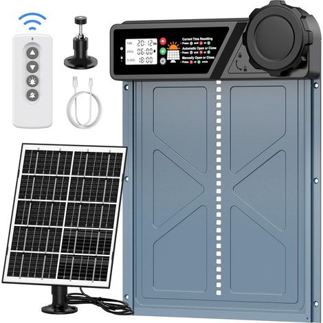 Grande Taille Porte Poulailler Automatique Solaire, Porte Automatique Poulailler en Aluminium avec 7W Panneaux Solaires, Minuterie, Affichage LED, Télécommande, Deux méthodes de Chargement