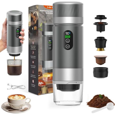 Machine à Café Portable de Voyage,12V Chauffage Rapide 3 En 1 Cafetiere Portable, Auto-Chauffage de 4 à 6 Minutes, Grandes Capsules,Café Moulu,Pour Le Camping,Bureau,Maison,Voiture (Gris) (1/5)