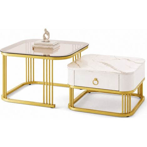 Lot de 2 tables basses gigognes blanches effet marbre brillant, plateau en verre brun, détails dorés, table d’appoint avec tiroir intégré – CHICFURN (1/5)