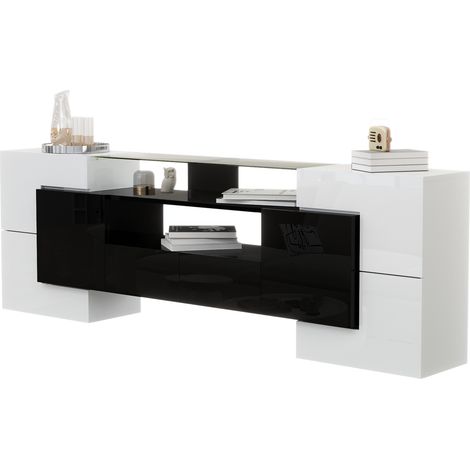 Mobile TV moderno bianco e nero lucido con piano in vetro, 6 ante, 2 cassetti, 3 scomparti, LED multicolore, 200 cm, per soggiorno CHICFURN (1/5)