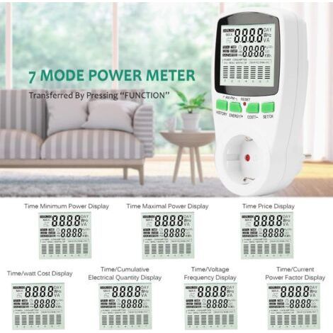 Electricity Usage Monitor, Electric Meter Outlet with 7 Modes and LCD Display, Multifunctional Power Meter Outlet for Energy Saving 3680W Max1 Piece