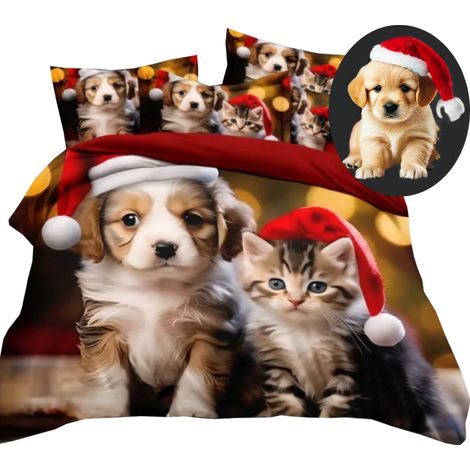 Parure de lit de Noël à motif 3D réaliste 160x200 cm + 2 taies d'oreiller, chat, chien (1/5)