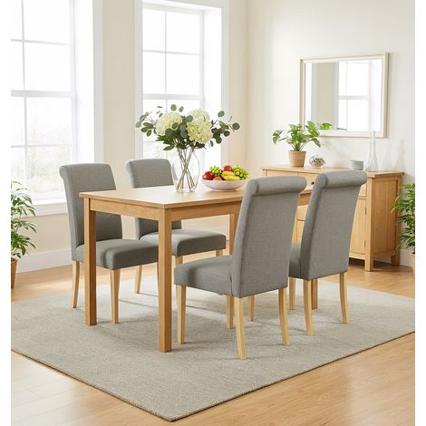 Hallowood Furniture Waverly Oak Small Dining Table and Chairs Set 4, Wooden Kitchen Table (120x70cm) and Roll Top Grey Linen Fabric Dining Chairs, Modern Furniture Set for Home and Café (1/5)