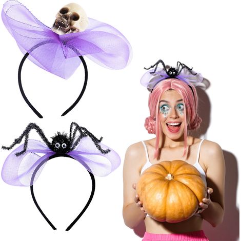 (Lila Totenkopf + Lila Spinne) 2 Totenkopf-Haarreifen für Halloween, Haaraccessoires (Party, Ball, Spinnen-Fliege). (1/2)