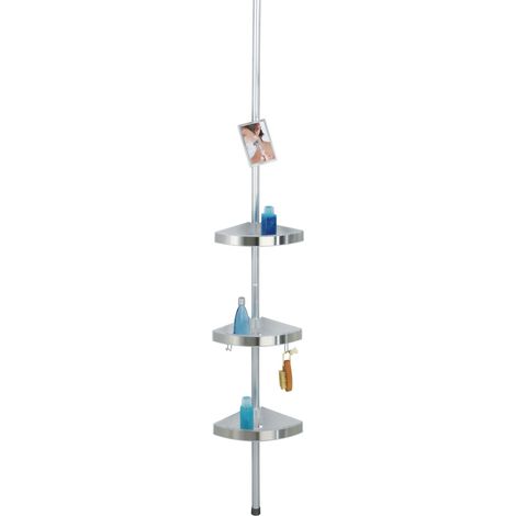 WENKO Mensola angolare telescopica Premium per doccia, 3 cestini per doccia senza foratura, fissaggio tramite torsione e regolabile in altezza, Alluminio - plastica, 27,5x70-260x20 cm, opaco