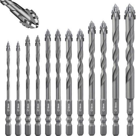 Fliesenbohrer-Set, 12-teilig, professionelle Hartmetall-Kreuzbohrer, Sechskant-Fliesenbohrer für Glas, Metall, Ziegel, Kunststoff und Holz