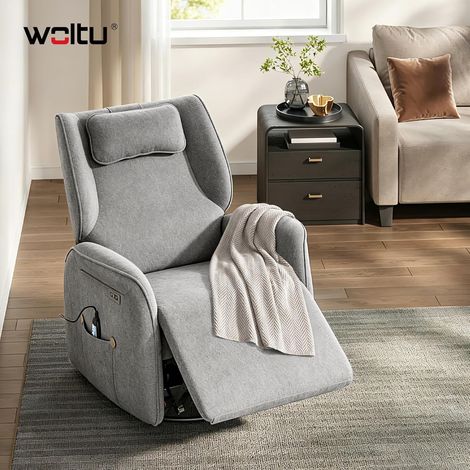 WOLTU Poltrona Sedia Massaggiante Reclinabile Elettrica Ciniglia, con Poggiatesta, Riscaldamento, Dondolo, Poggiatesta, Tasche, Laterali, Porta USB e Type-C, Grigio (1/4)
