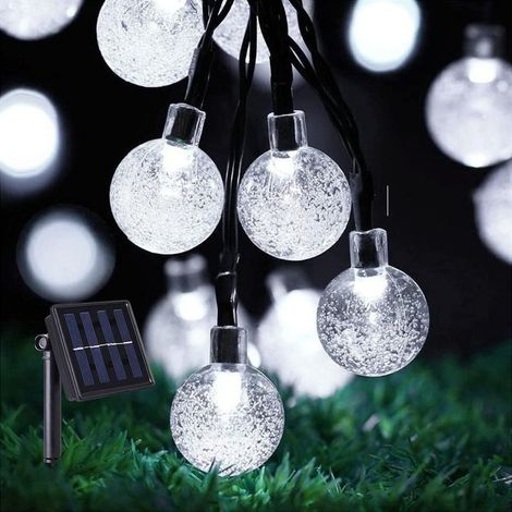 Guirlande Lumineuse Exterieure Solaire，12M 100 LED Lampe Solaire Exterieur Cristal Boules étanche 8 Modes Intérieur Lumiere pour Jardin Terrasse Arbres Mariage Fête,Blanc [Classe énergétique A+++]