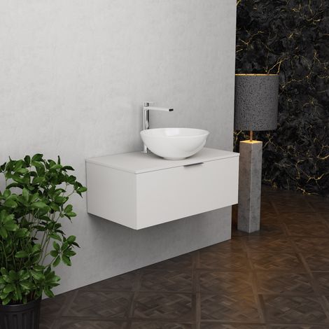 Inda - Badezimmerschrank B.80 mit Aufsatzwaschbecken / Mattweiß 1 Schublade - Topazio (1/5)