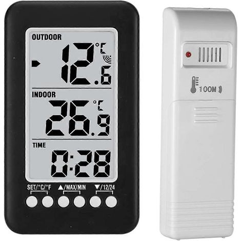 Thermomètre numérique sans fil LCD ℃/℉ avec horloge et émetteur pour intérieur/extérieur (1/5)