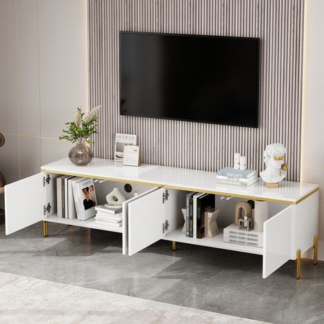 DESMIU Meuble TV 4 portes avec passe-câbles, finition brillante, pour salon, blanc, 170 × 38 × 50 cm (1/5)