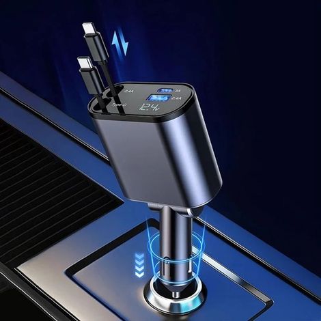 Cargador de coche retráctil 4 en 1 de 86 W con cable USB tipo C y Lightning para iPhone y Android, carga rápida y adaptador para encendedor de cigarrillos.