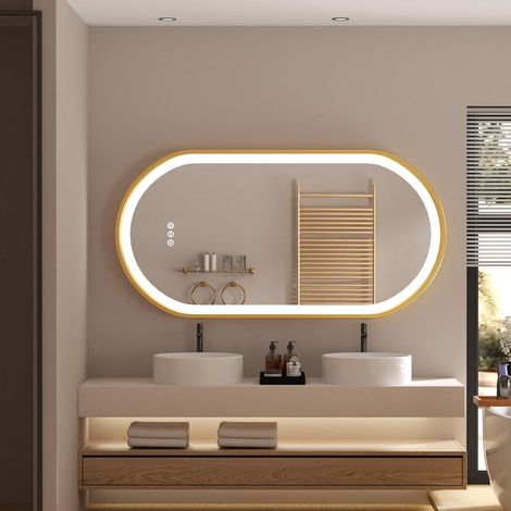 Specchio da Bagno con LED Luce Ovale Dorata Cornice 120x60cm (1/5)