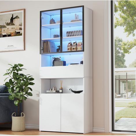 Vitrine 70 x 30 x 200 cm mit Glastüren, Schublade und LED, Weiß HAVRYA (1/5)