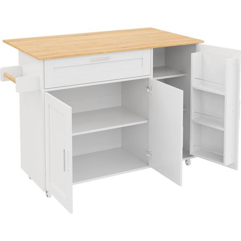 Îlot de cuisine mobile avec plateau rabattable en imitation chêne, rangement multifonctionnel et 5 roulettes 132,5 x 44(70) x 90 cm (1/5)