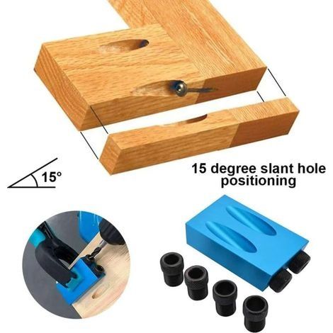 Schrägbohrvorrichtung, Taschenlochbohrvorrichtung mit 15-mm-Bohrern, Positionierer für Holzbearbeitung, Bohrhilfe für Holzecken mit Adapter für 6/8/10-mm-Löcher (1/4)
