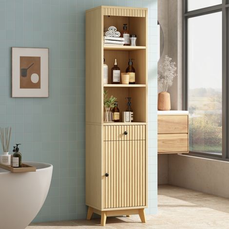 Meuble de salle de bains colonne 40 x 36 x 172 cm en MDF bois clair, porte réversible, tiroir et niches ouvertes, fermeture douce, rangement vertical CHICFURN (1/5)