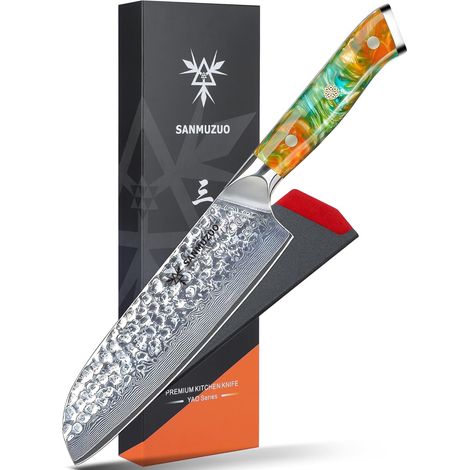 Santoku Knives - Japanese Chef's Knife - Hammered Damascus Steel Blade 18cm and Resin Handle - Series (1/5)