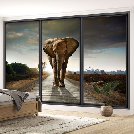 Papier peint panoramique Trompe l'oeil baie vitrée - Éléphant - 195 cm x 117 cm (1/5)