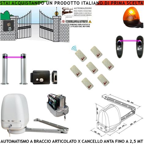Kit Motore a Braccio Articolato 220/24 V Cancello Automatico Anta da 0,5 a 2,5 MT Elettroserratura 7 Radiocomandi Faro Selettore 2 Paline 2 Foto (1/4)