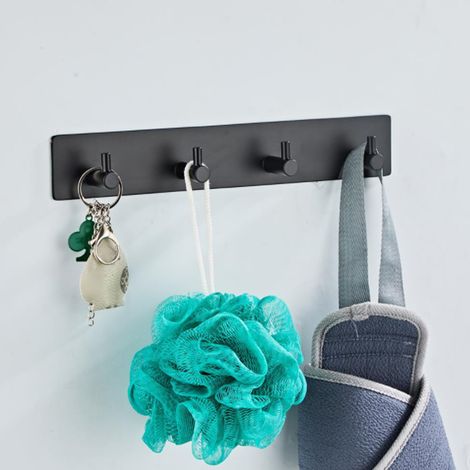 Nagelfreie Kleiderhaken, vier mattschwarze Haken, für Bad und WC, selbstklebende Haken, Huthaken, Haken ohne Bohren, Kleiderhaken aus Edelstahl (1/5)