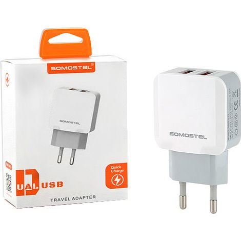 Caricabatterie da parete Somostel Quick 3.0 con 2 porte USB.