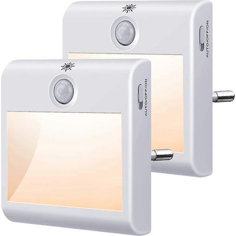 Lot de 2 veilleuses avec détecteur de mouvement pour placard, 3 modes d'éclairage (auto/marche/arrêt), idéales pour les escaliers, les couloirs et les armoires. En polycarbonate, couleur blanc chaud. (1/5)