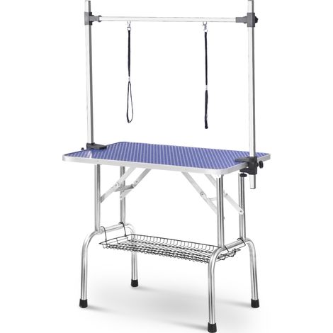 Table de toilettage pliable pour animaux avec bras réglable et panier, bleu 90 x 60 x 76 cm (1/5)