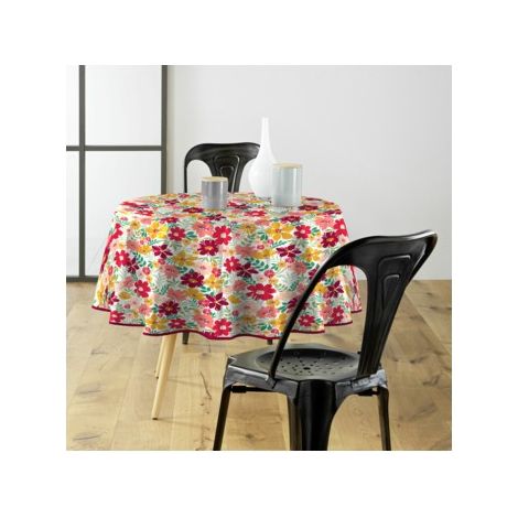 Bricoline – Toile cirée ronde 160 cm – Motif fleurs colorées – Imperméable et facile à nettoyer – Pour 6 à 8 couverts – Finition biais (1/3)