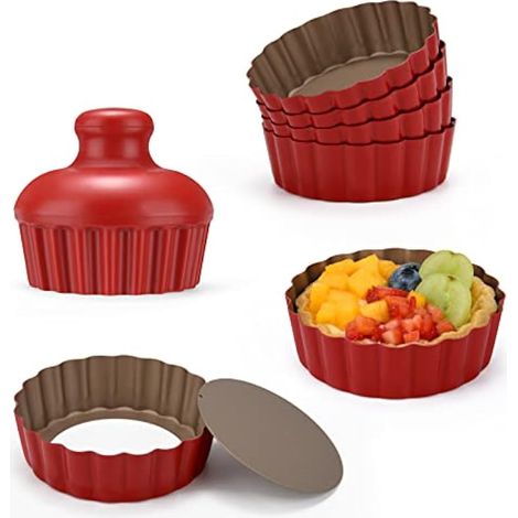 Mini moules à tarte de 10,2 cm avec fond amovible, mini moules à quiche ronds pour la cuisson, ensemble de moules à gâteau antiadhésifs pour tartes, gâteaux mousses, desserts (rouge) (1/5)