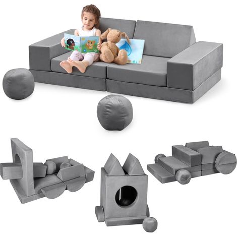 Canapé pour Enfants 12 PCS avec Balles et Tunnel, Canapé de Jeu Modulaire en Mousse Douce pour Jeux, Dodo et Créativité,Gris (1/5)