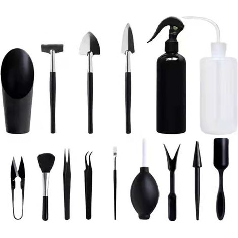Ensemble d'outils pour plantes succulentes en pot : pelle, râteau, arrosoir, pince à épiler, etc.