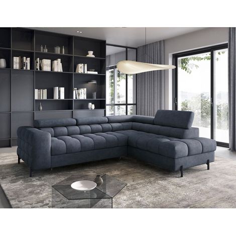Ecksofa mit Schlaffunktion Sofa AMARA Stoff Whisper Dunkelblau Ottomane Rechts (1/5)