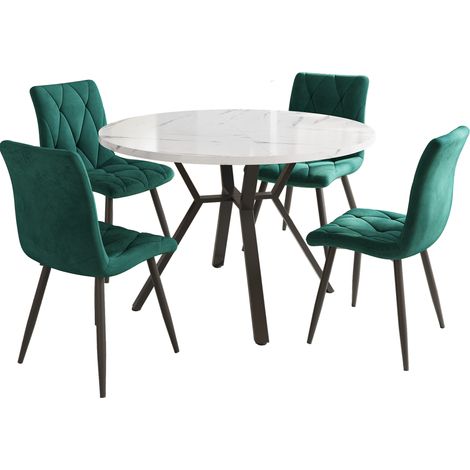 Conjunto de comedor 5 piezas mesa redonda efecto mármol MDF y 4 sillas verdes HOMVRA (1/5)