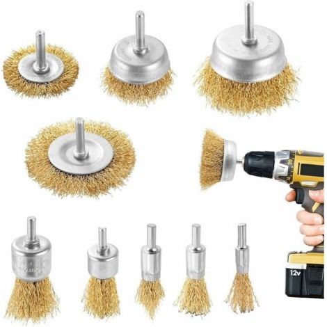 Juego de 9 cepillos de alambre para taladros de metal y amoladoras circulares con vástago de 1/4 de pulgada. Kit de cepillos para eliminar óxido, corrosión y pintura.