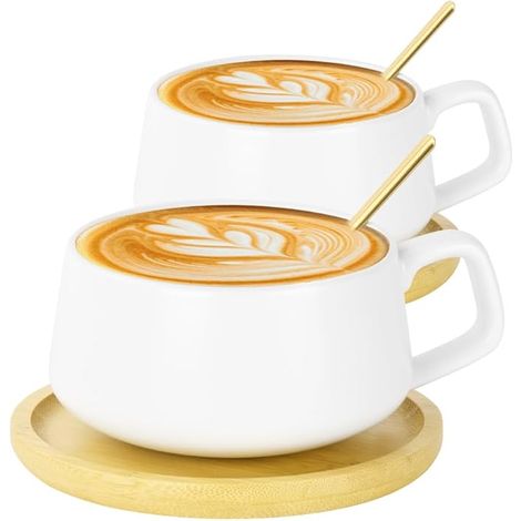 Tasses à Cappuccino avec soucoupe, Ensemble Tasses Expresso en Grès,set de et soucoupes,tasses café disque bois pour cappuccino,thé(Noir mat) (1/5)