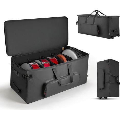 VEVOR Bolsa de Transporte para Kit de Batería Electrónica, 920 x 420 x 410 mm, Bolsa de Viaje con Ruedas Divisores Ajustables Correa de Hombre Desmontable, para Caja Tom Bombo Cables Baquetas, Negro (1/5)